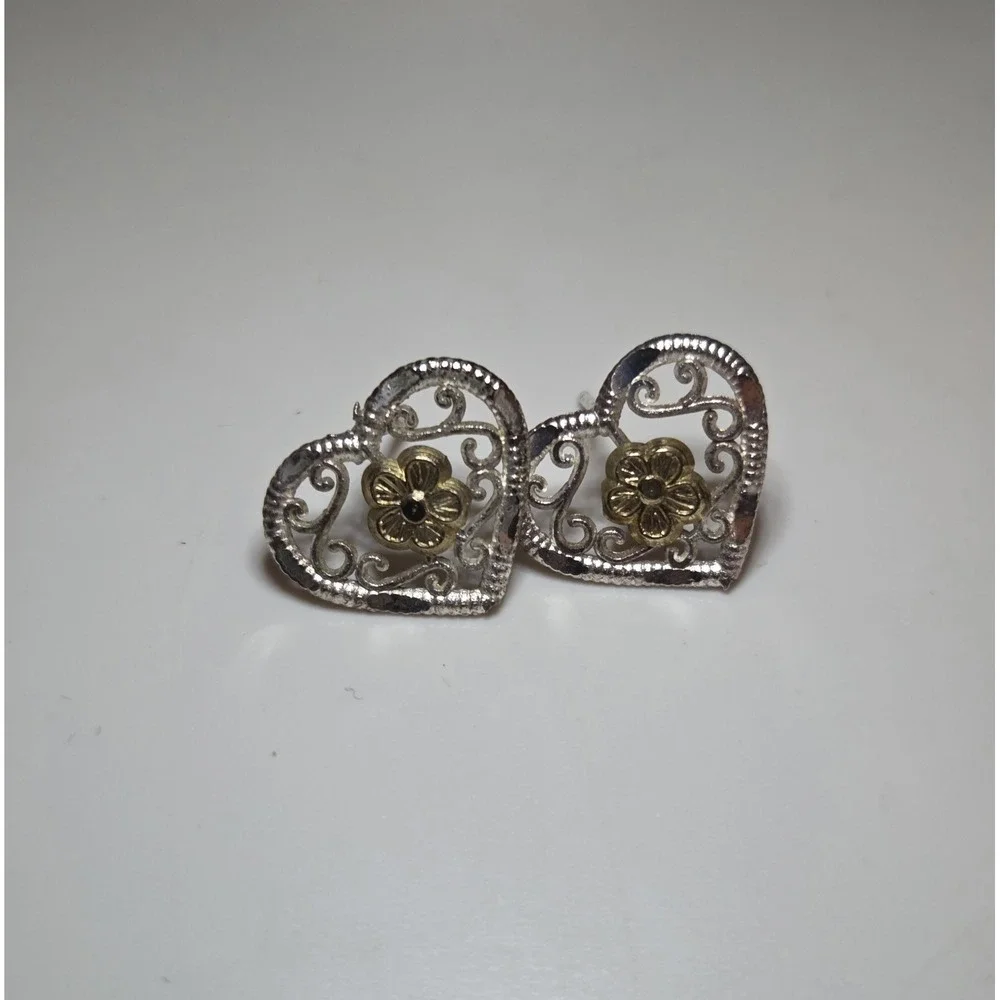 Vintage‎ Sterling Silver Filigree Heart Stud Earrings With 10k Gold Flowers